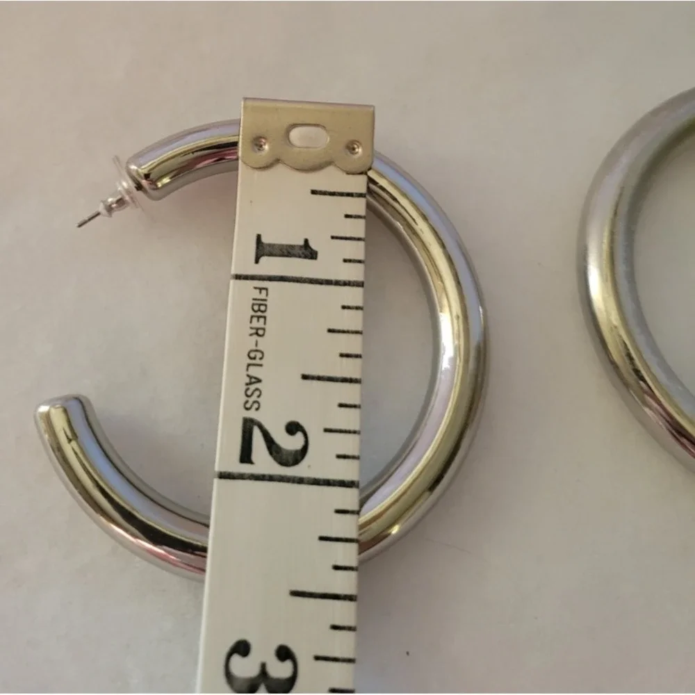 Hoop Pierced Earrings Chunky Silver Tone Hollow‎ Tube Minimalist Silver 2